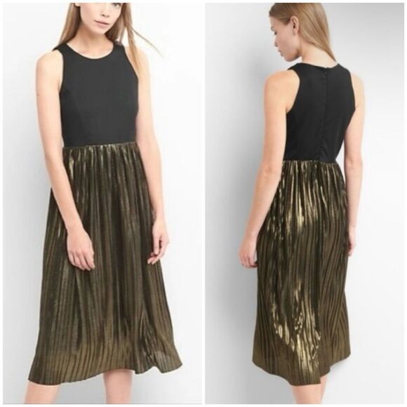 GAP Black Ponte & Gold Metallic Pleated Midi Dress - Size 2P - Picture 1 of 8